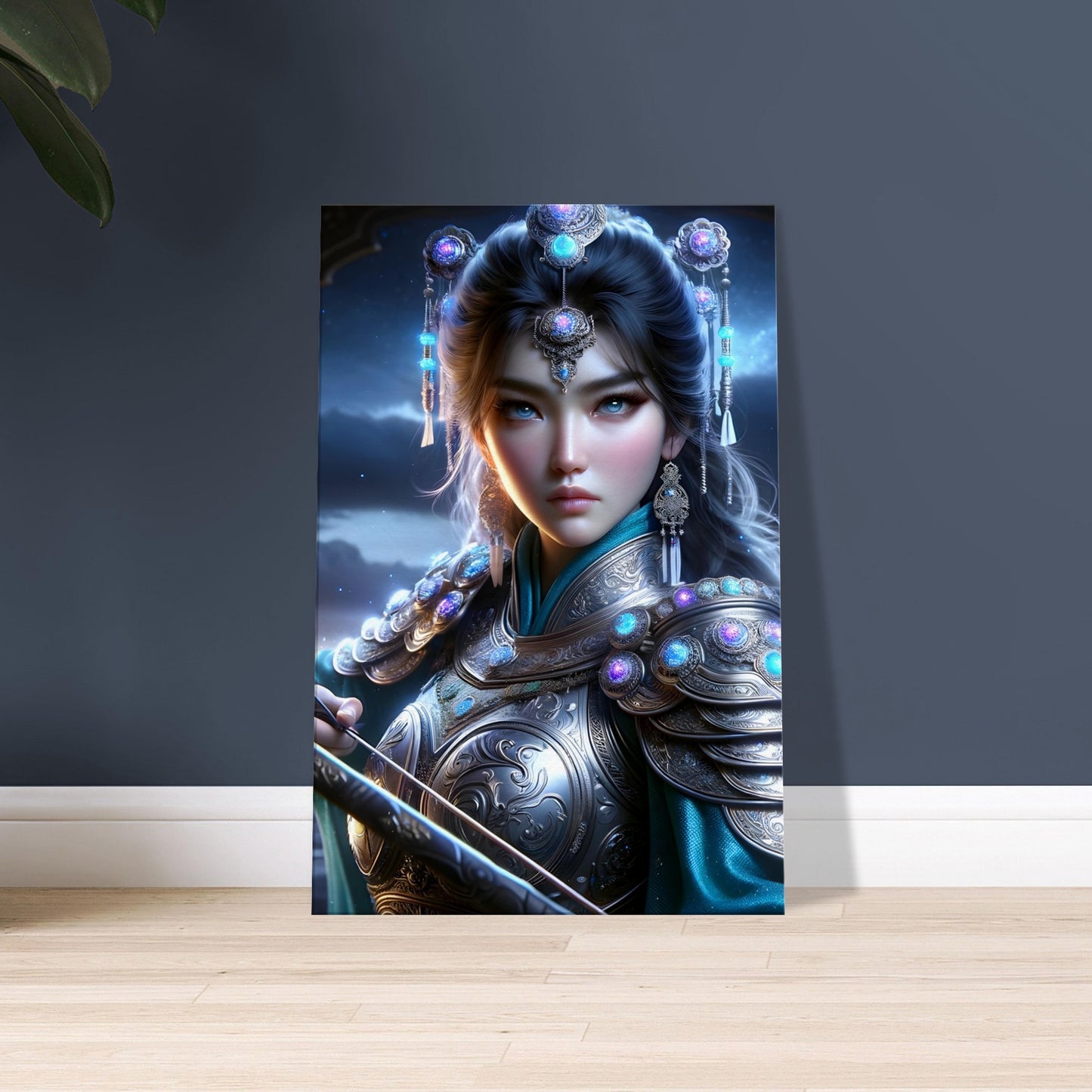 Khutulun in azure blue and silver armor holds a glowing bow and arrow on a dark Mongolian steppe at dusk.