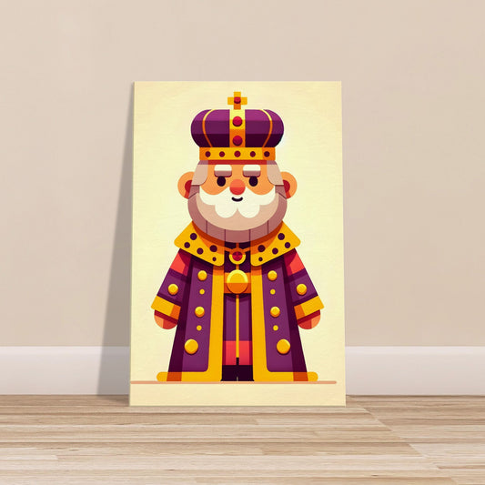 Minimalist cartoon King Wise in purple and gold robes with an intricate crown on a solid background.