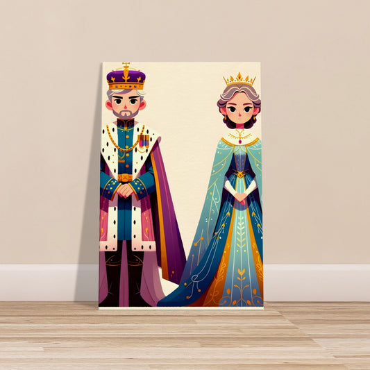 Cartoon-style King Wise in purple and gold robes and Queen Grace in blue and silver gown, standing side by side on a simple background.