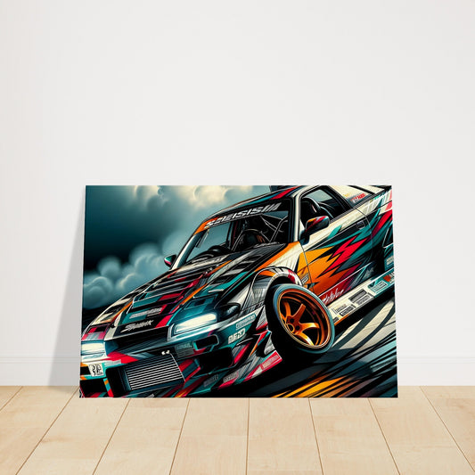 Drift car in mid-action with bold graphics and motion blur, emphasizing speed, smoke, and high-performance control.