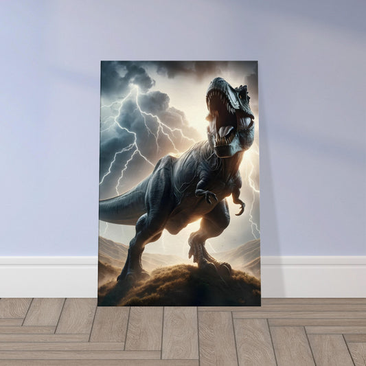 Wall art of a roaring Tyrannosaurus Rex atop a hill, illuminated by lightning against a storm-filled prehistoric sky.