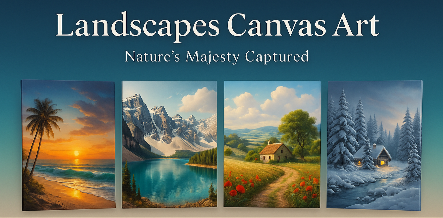 Promotional banner for the Landscapes Canvas Collection featuring scenic artworks of mountains, forests, and vibrant natural vistas, with centered white header and tagline, and a black footer bar displaying a 20% discount code and a 'Shop Now' button.