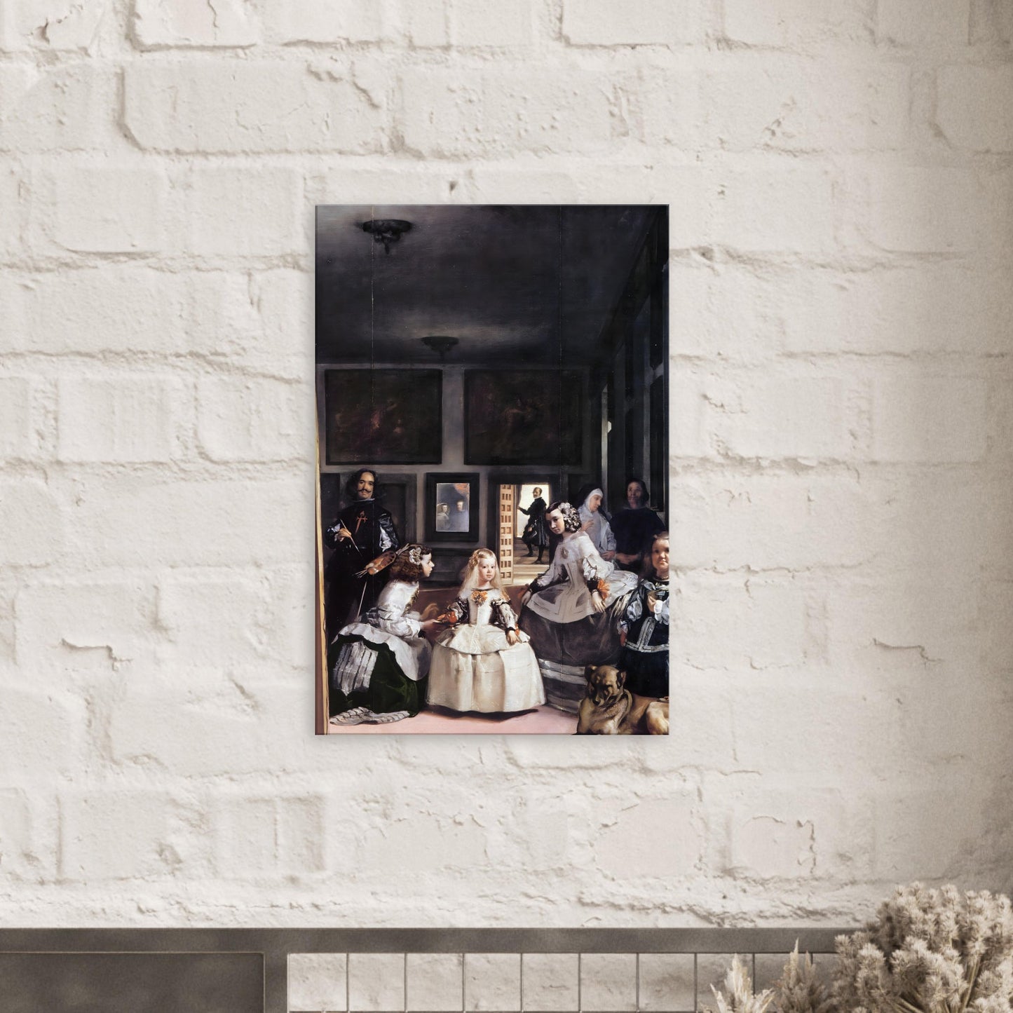 Canvas art reproduction of Velázquez’s Las Meninas, depicting Infanta Margarita Teresa surrounded by courtiers and attendants in a complex Baroque composition with masterful lighting and perspective.