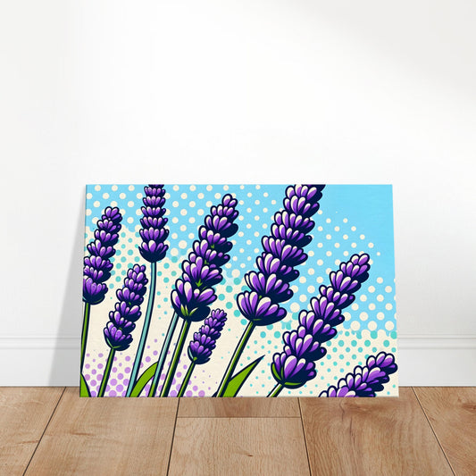 Pop art illustration of lavender flowers in purple and blue with bold outlines and a halftone-patterned cool-toned background.