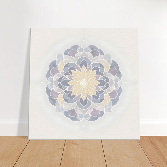 Mandala artwork in pale lavender, light grey, and soft yellow, emphasizing minimalist elegance and harmonious color balance.