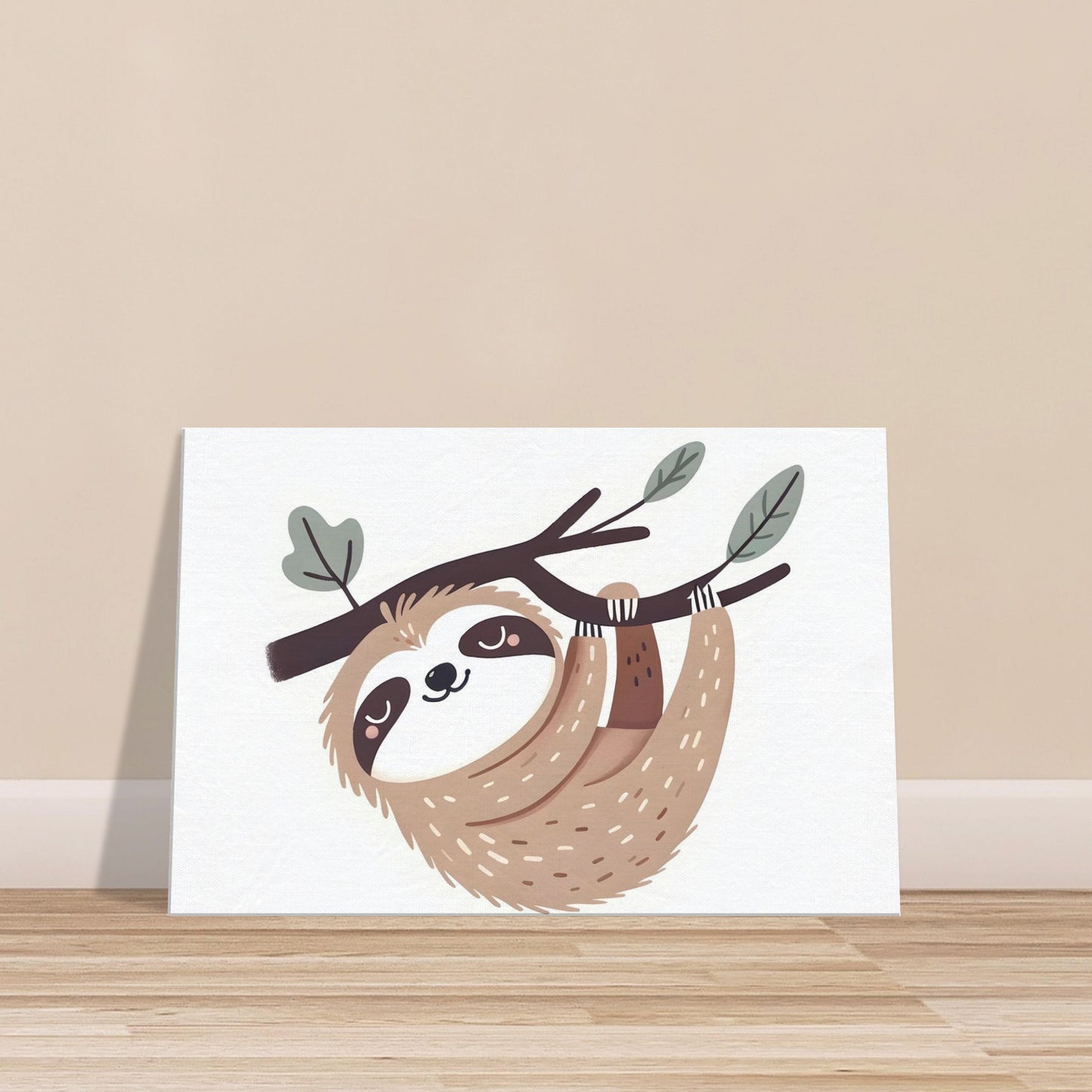 Canvas print of a cartoon sloth sleeping on a tree branch in soft, calming colors.
