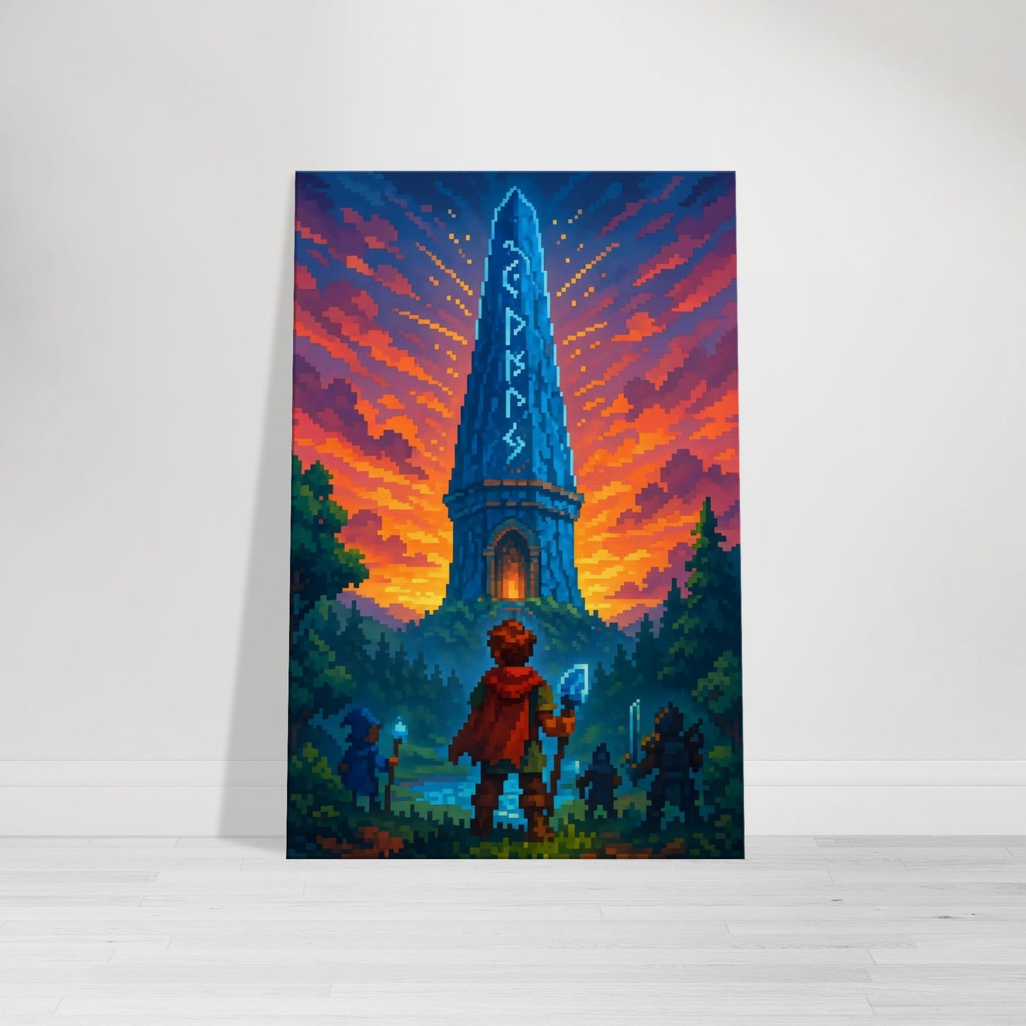 Pixel art fantasy spire glowing with runes, adventurers gathered at base, pixel forest and sunset sky.