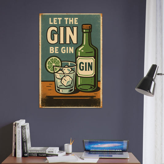 Metal poster with green gin bottle, lime slice, and ice-filled glass – retro gin & tonic artwork.