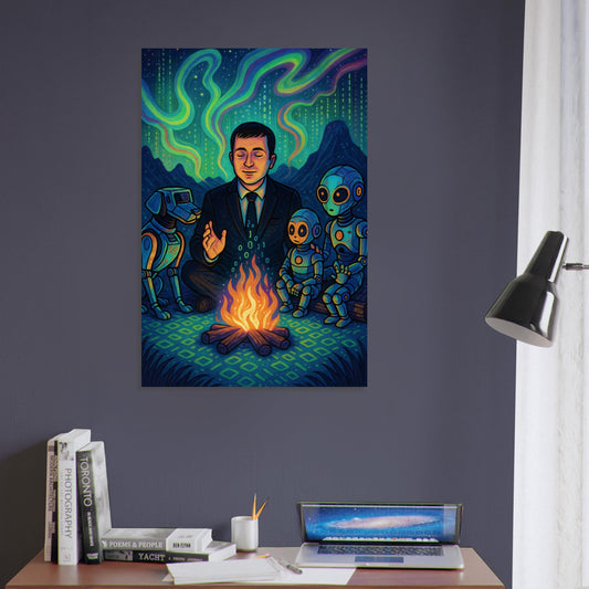 Lex Fridman sitting by a glowing binary campfire under neon lights, storytelling to robot dogs and AI toddlers.