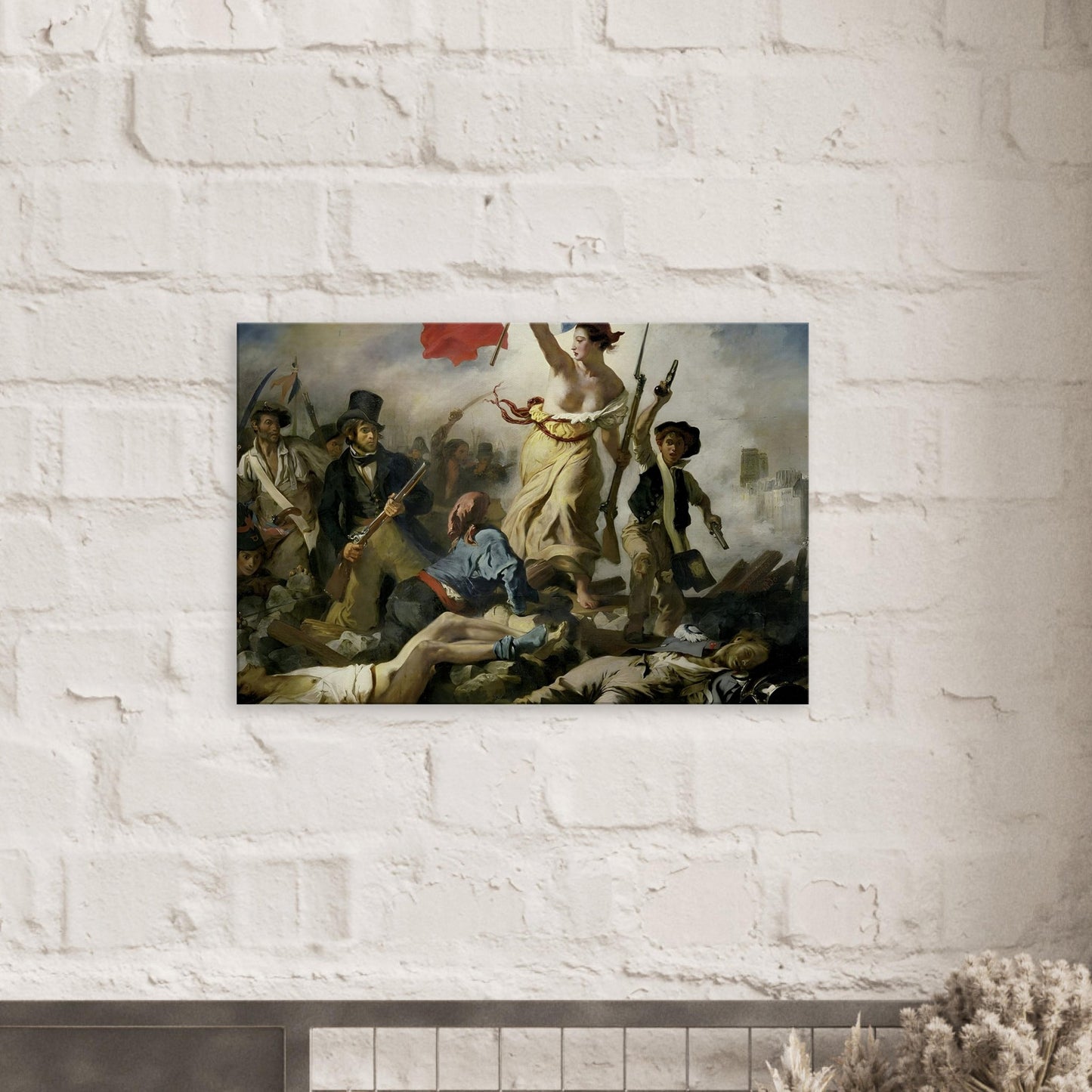 Canvas art reproduction of Delacroix’s Liberty Leading the People, depicting Liberty leading the 1830 French uprising with a tricolor flag amid dramatic chaos.