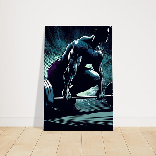 Pop art barbell row in dark gym with neon violet highlights and muscular detail