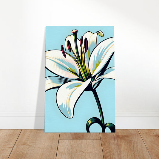 Pop art lily artwork with white petals, bold black outlines, halftone textures, and a cool blue background.