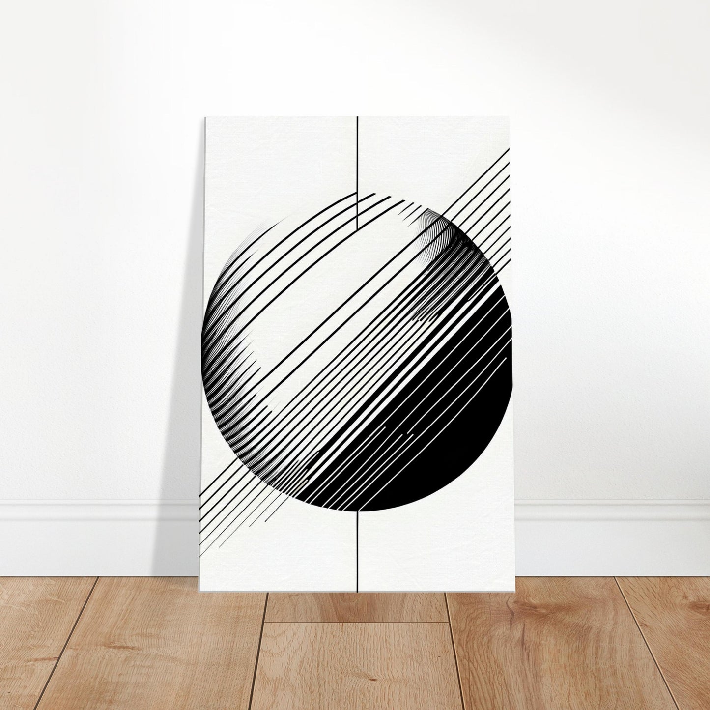 Black and white abstract art featuring a central sphere with radiating linear elements, creating depth, motion, and minimalist geometric balance.