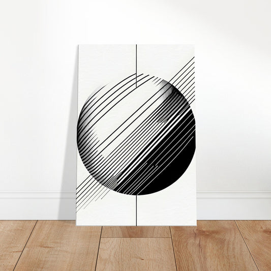 Black and white abstract art featuring a central sphere with radiating linear elements, creating depth, motion, and minimalist geometric balance.