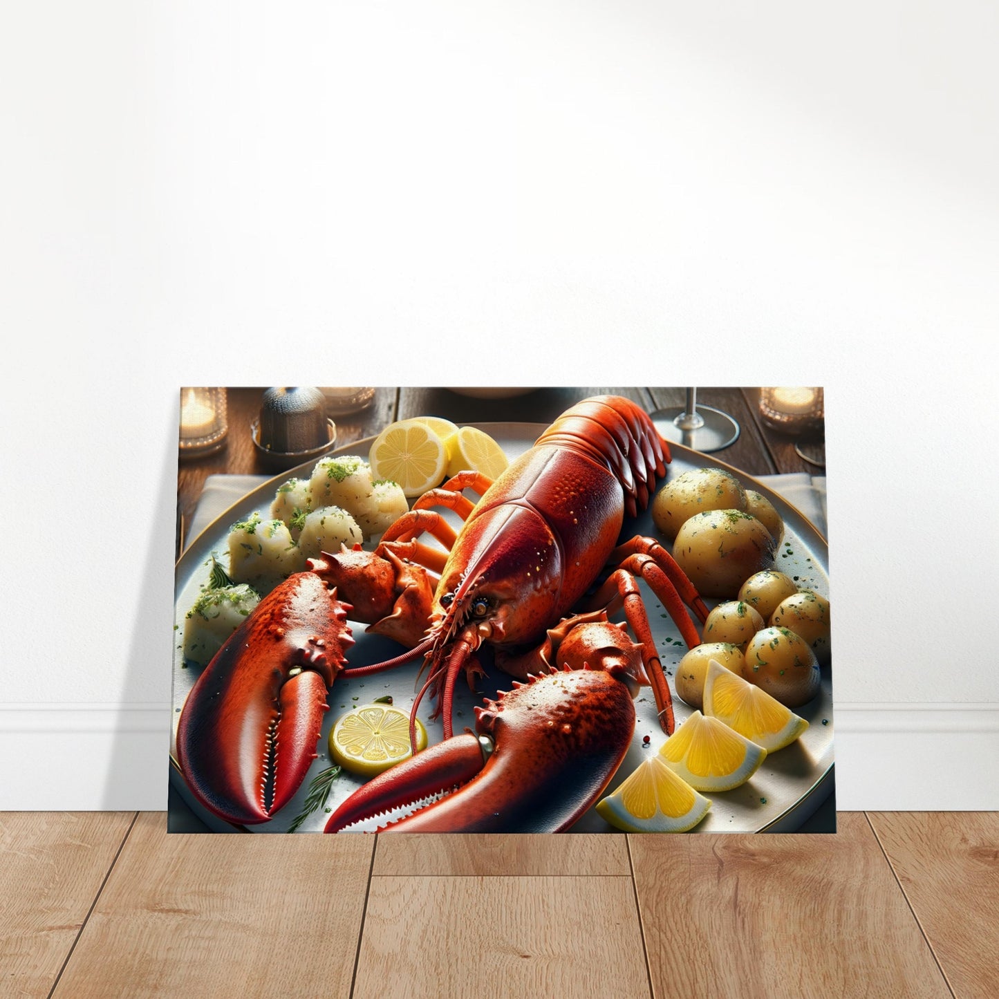 Canvas art depicting a whole lobster with boiled potatoes, lemon slices, butter sauce, and a glass of white wine in a candlelit setting.