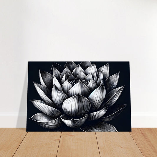 Minimalist lotus flower sketch with layered petals and fine dark shading on a simple background