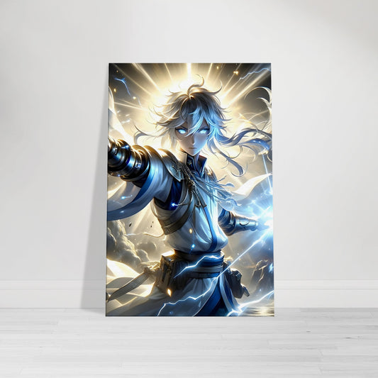 Anime-style warrior radiating white and gold light, standing in a storm of lightning and smoke with glowing hair, shielding with one hand and wielding a sword of light with the other.