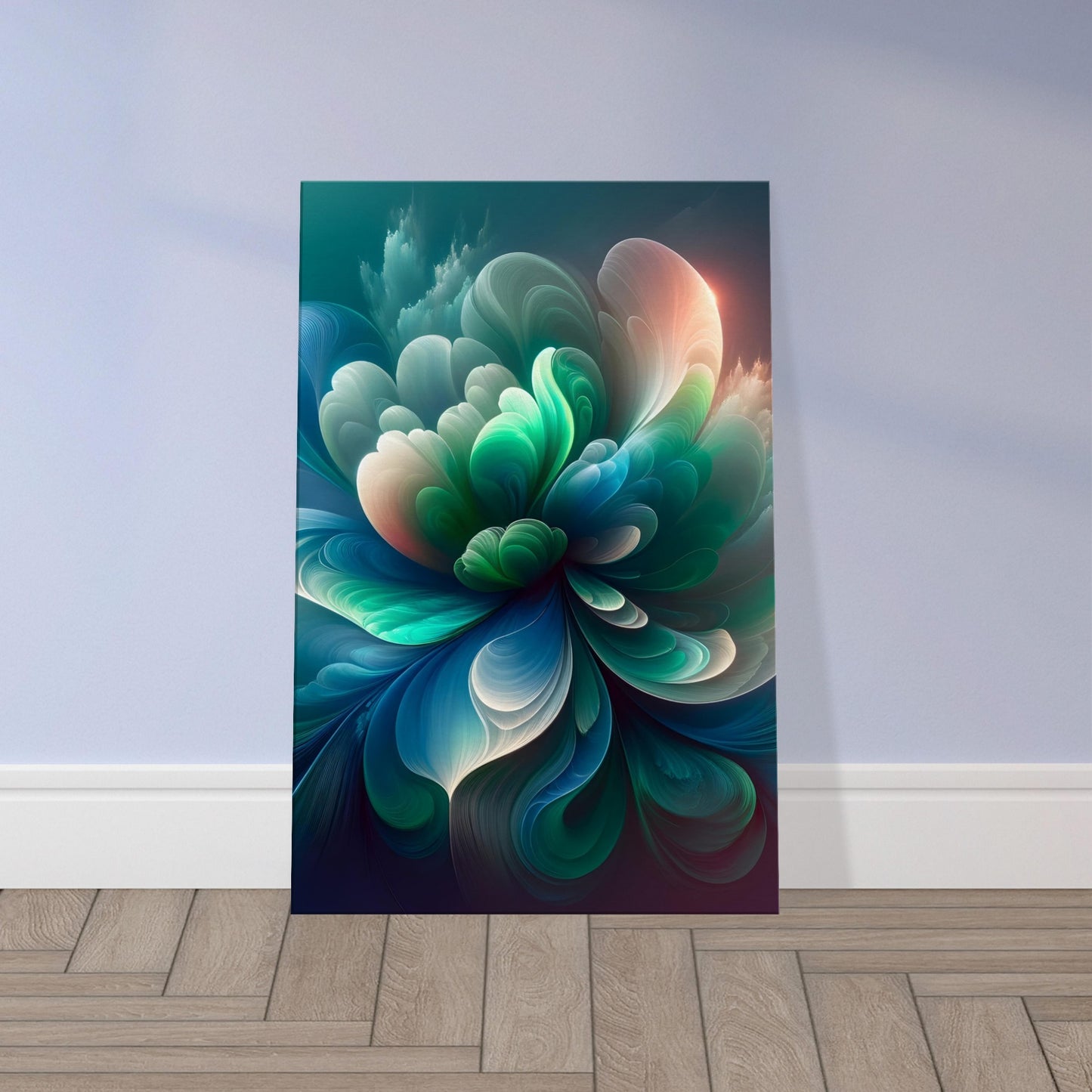 Floral artwork with petals in flowing aurora-inspired blues, greens, and whites, evoking northern lights against a dark backdrop.