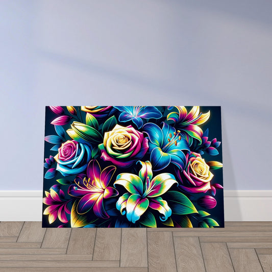 Pop art bouquet featuring glowing roses and lilies in neon hues like blue, pink, and red against a dark background.