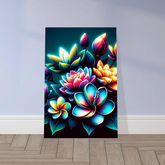 Pop art wildflower bouquet with glowing lotus, hibiscus, and frangipani blooms in vibrant colors against a dark background.