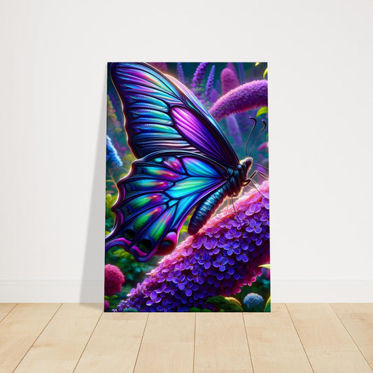 Canvas print of a butterfly with iridescent wings perched on vibrant purple flowers.
