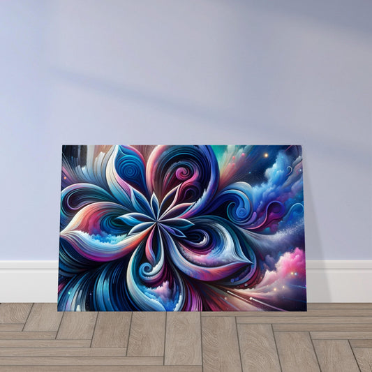 Celestial-inspired floral artwork with swirling petals in blues, purples, and pinks, accented by stars and cosmic light trails.