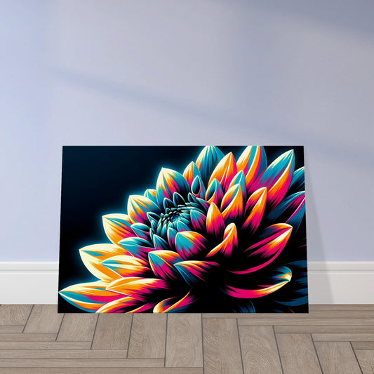 Pop art dahlia with vibrant, glowing red and purple petals outlined in black against a dark background.