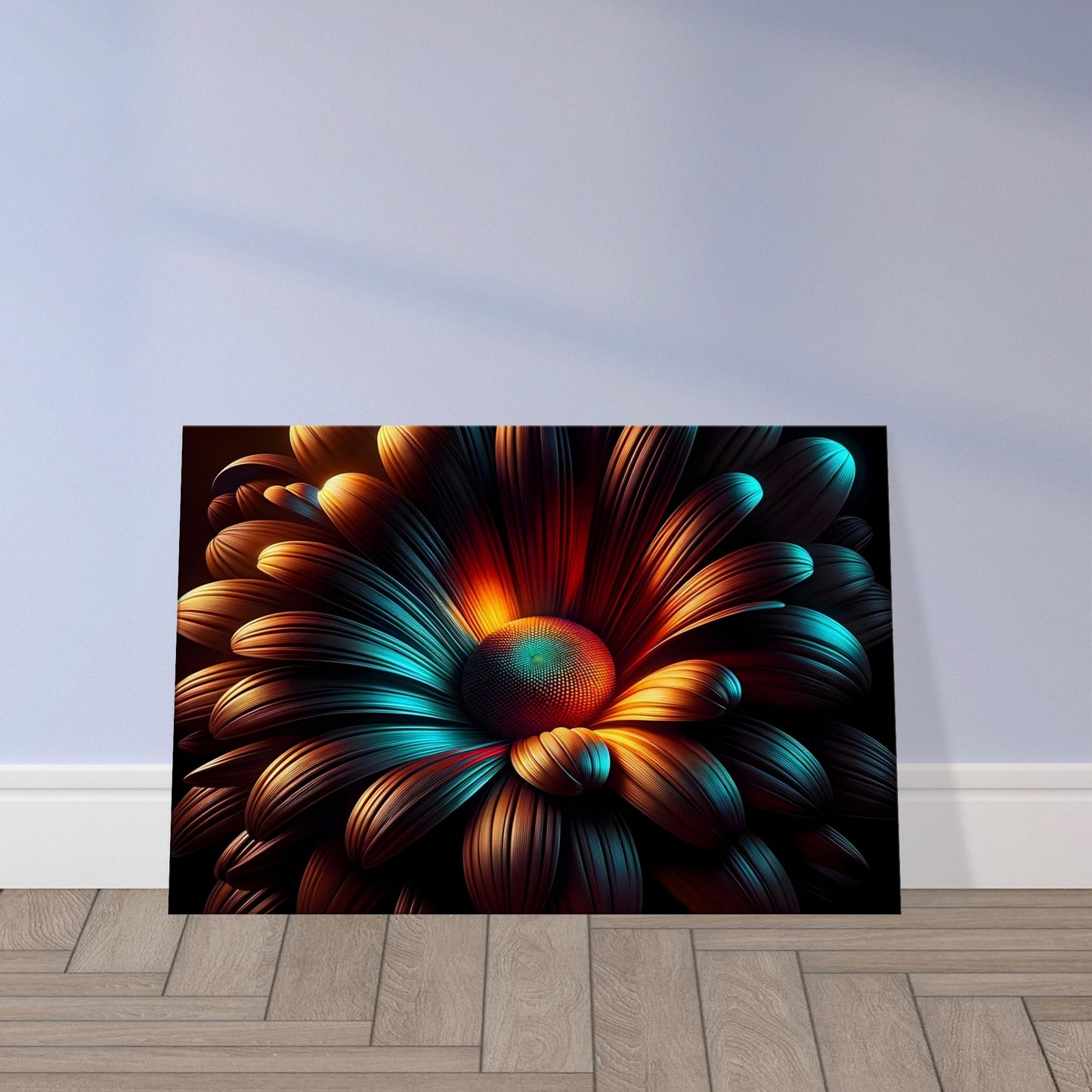 Pop art daisy with glowing petals in orange to blue gradients and a geometric center, set against a dark background.
