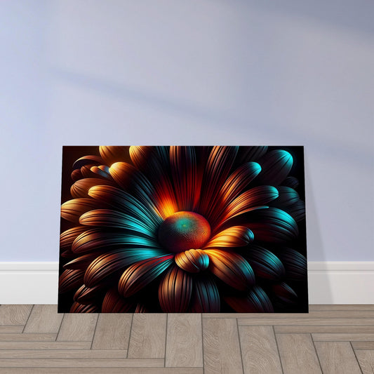Pop art daisy with glowing petals in orange to blue gradients and a geometric center, set against a dark background.