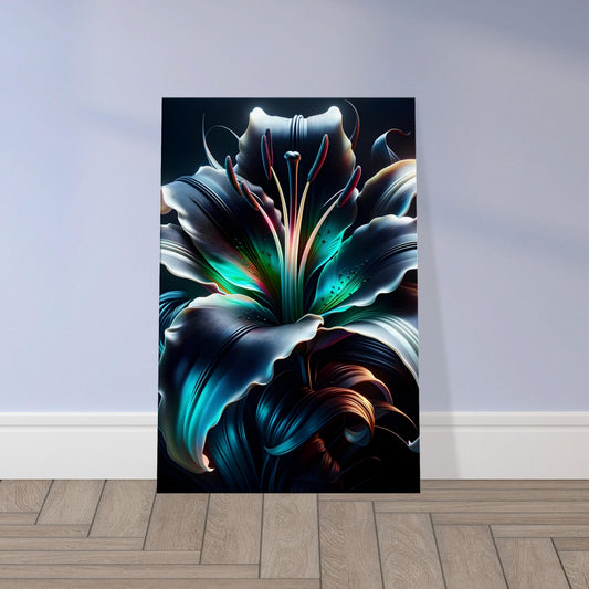 Pop art lily in full bloom with glowing petals in soft white and violet tones, set against a dark background.