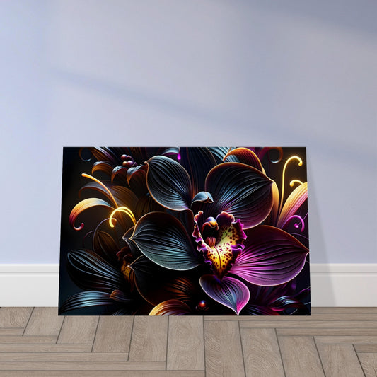 Pop art cluster of glowing orchids with radiant petals in purples and blues outlined in light against a dark background.