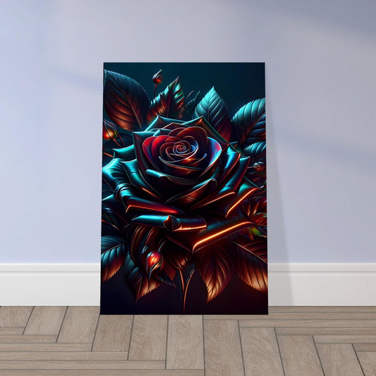 Pop art rose in full bloom with glowing crimson and pink petals outlined in light against a dark background.