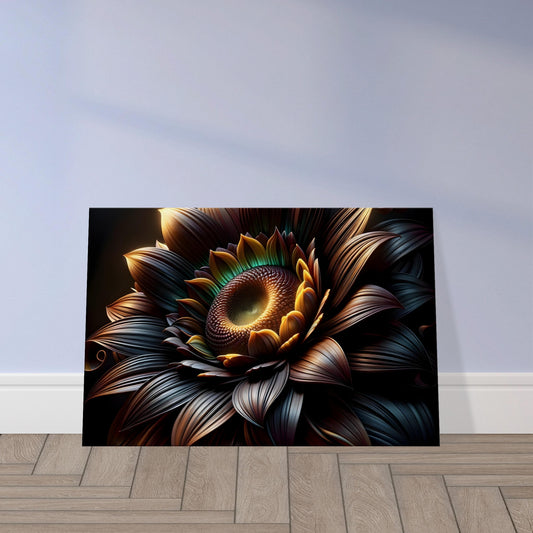 Pop art sunflower with glowing golden petals and a detailed spiral center, set against a deep dark background.