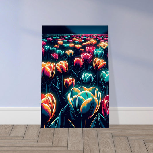 Pop art tulip field with glowing tulips in bright colors set against a dark nighttime background.