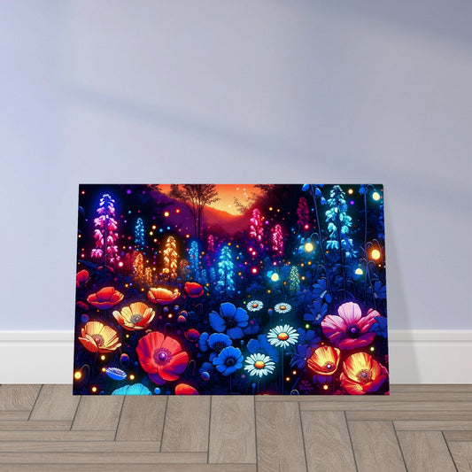 Pop art wildflower garden with glowing poppies, daisies, and bluebells in vibrant colors against a twilight sky backdrop.