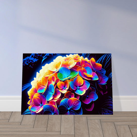 Pop art hydrangea flowers glowing in vivid blues, purples, and pinks with bold outlines against a dark background.