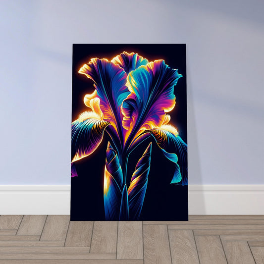 Pop art iris flowers glowing in vibrant orange, purple, and blue against a dark background with bold outlines and luminous detail.