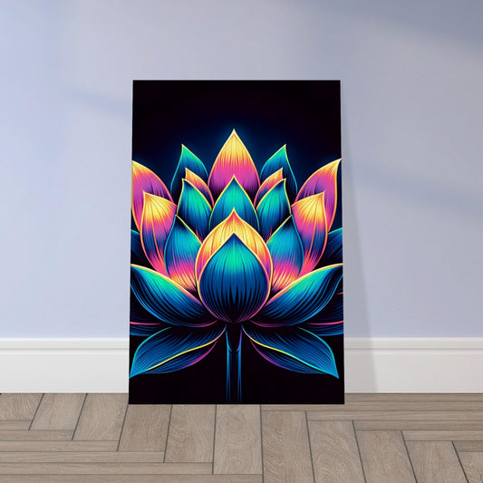 Pop art lotus flowers glowing in vibrant pinks, teals, and golds, outlined in black against a dark background.