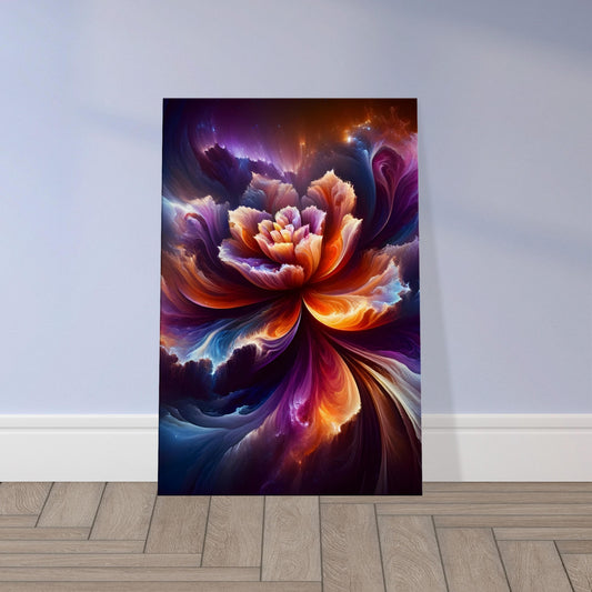 Floral artwork with petals blending into vibrant nebula clouds of orange, red, purple, and blue, radiating celestial energy.
