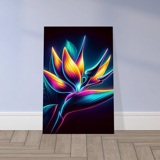 Pop art orchid or bird of paradise flower glowing in vibrant hues with bold outlines against a dark background.