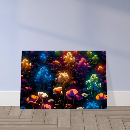 Pop art wildflower field at night featuring glowing poppies, daisies, and bluebells in vivid colors against a dark sky.