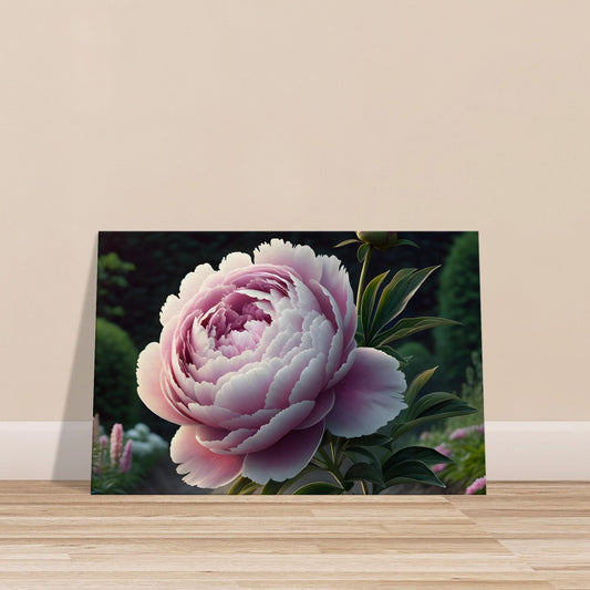 Realistic pink peony in full bloom with layered petals and soft greenery in the background