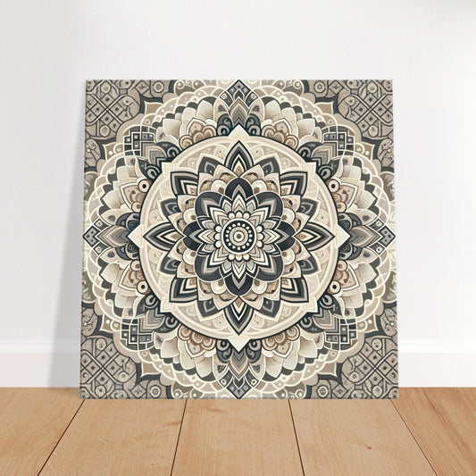 Mandala artwork in warm neutral tones of beige, gold, gray, and off-white, blending intricate design with modern minimalism.