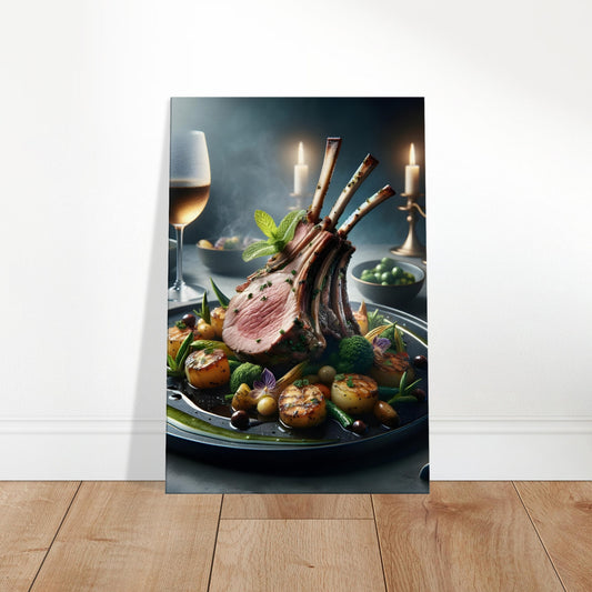 Canvas art depicting a herb-crusted rack of lamb with roasted potatoes and seasonal vegetables.