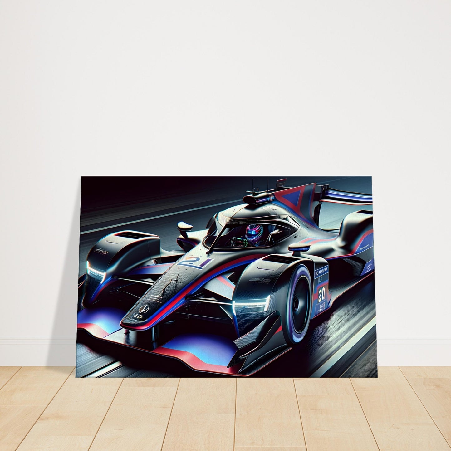 Abstract canvas art featuring dynamic swirls of blue, green, gold, and white inspired by luxury supercar curves and motion.