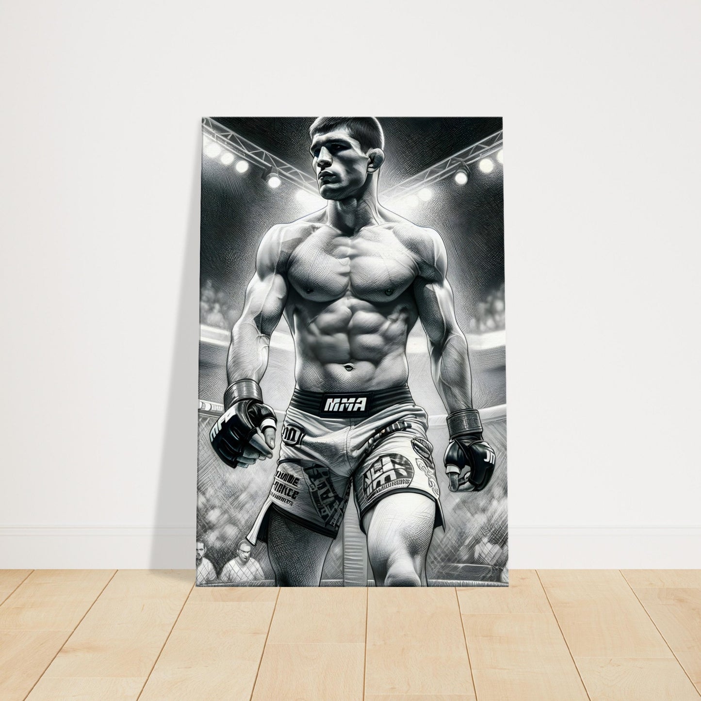 Pencil sketch of an MMA fighter in the Octagon wearing fight gear, depicted in a strong and focused stance.