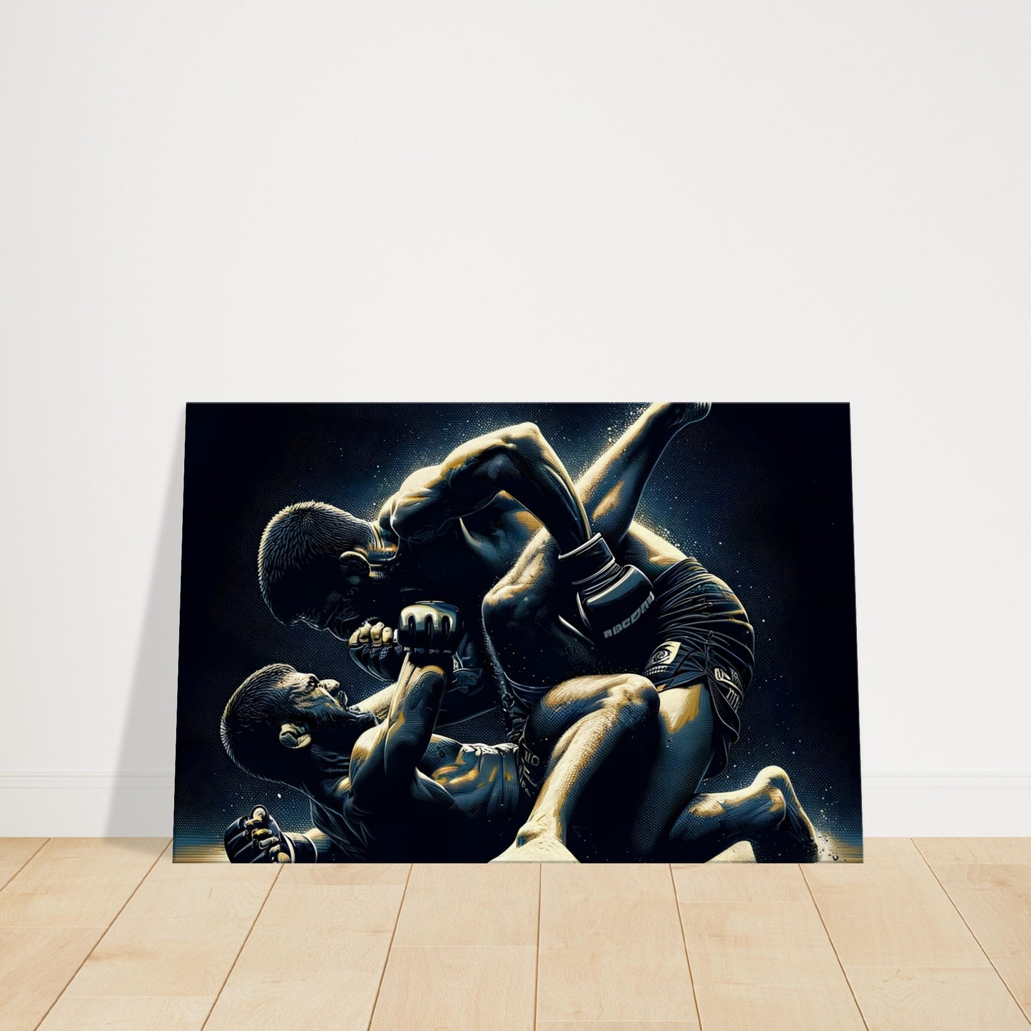 Two MMA fighters engaged in grappling on the mat, with dramatic lighting emphasizing control, tension, and close combat technique.