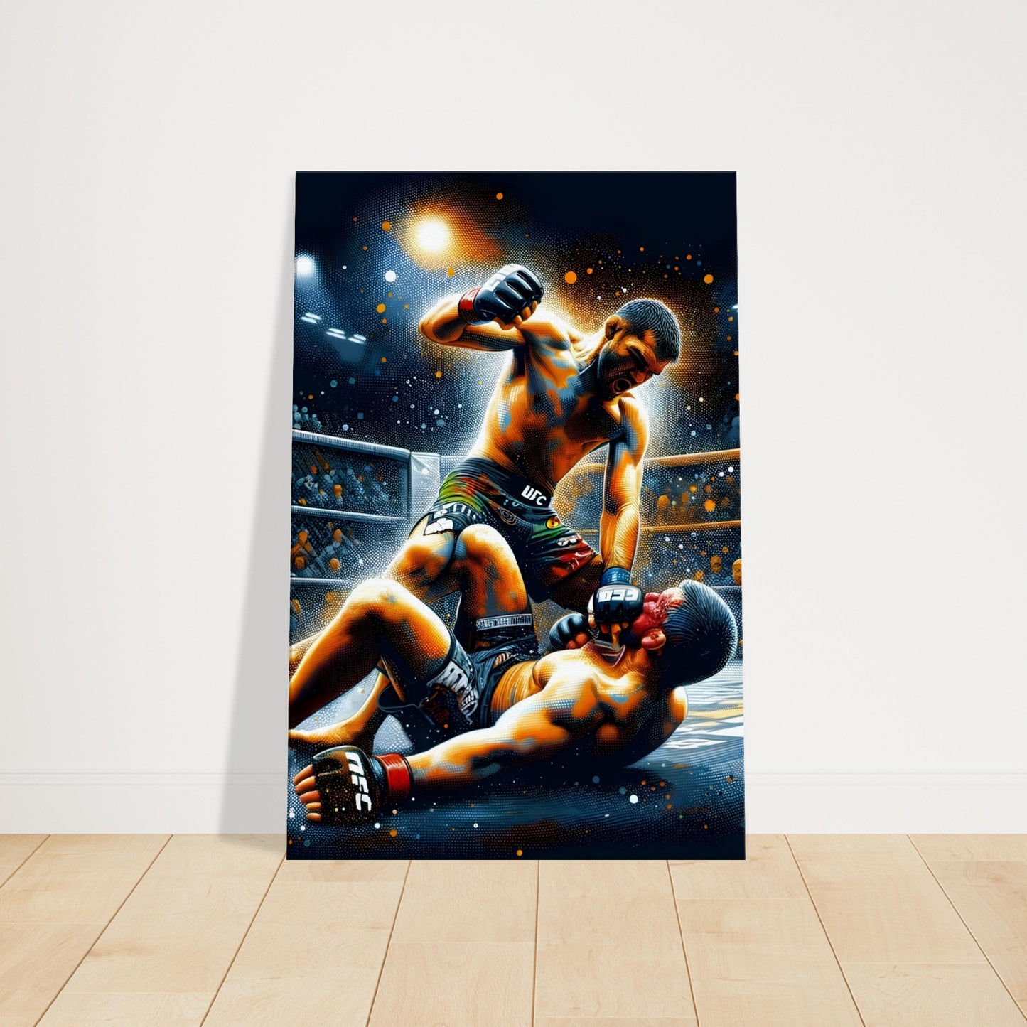 An MMA fighter secures a dominant position as the referee intervenes, with a crowd silhouetted in the background.