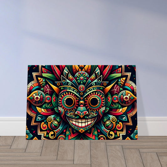 Artwork featuring a collection of traditional Mexican masks in vibrant colors, rich with cultural and mystical symbolism.