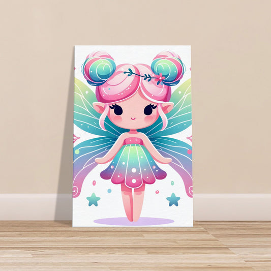 Minimalist cartoon magical fairy with colorful wings on a plain white background.
